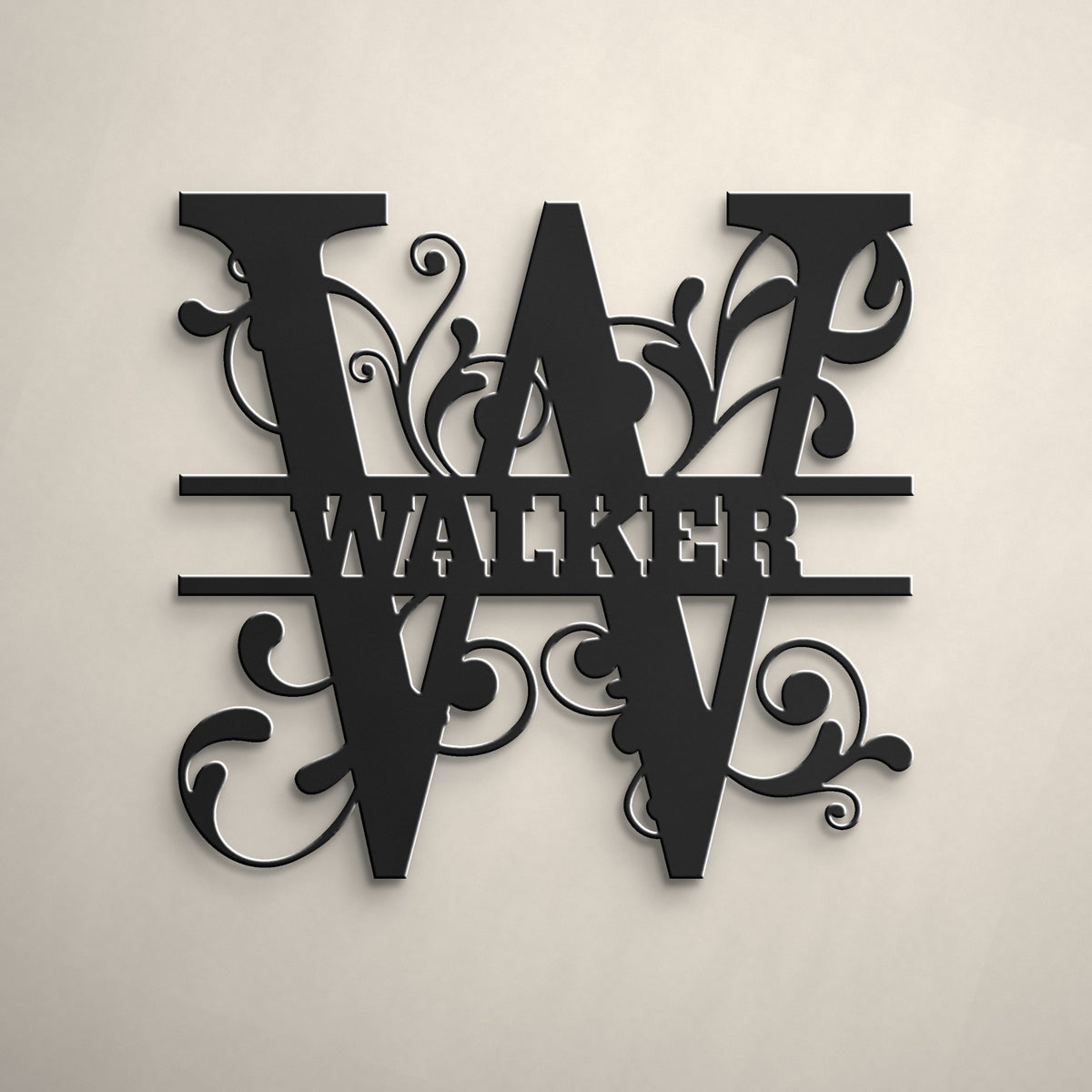 Split Letter Family Monogram Metal Sign (A–Z) in matte black powder coat, alternate view