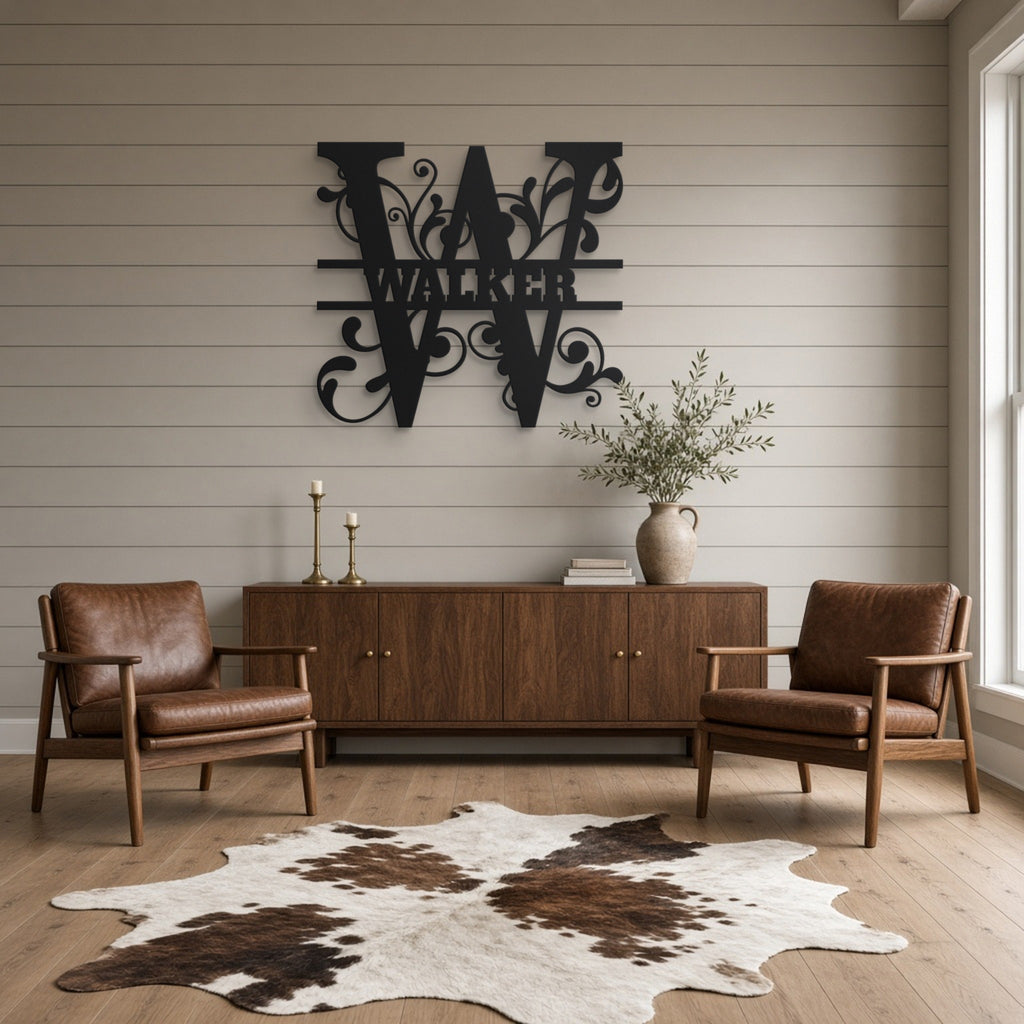 Split Letter Family Monogram Metal Sign (A–Z) in black, shown in a farmhouse living room