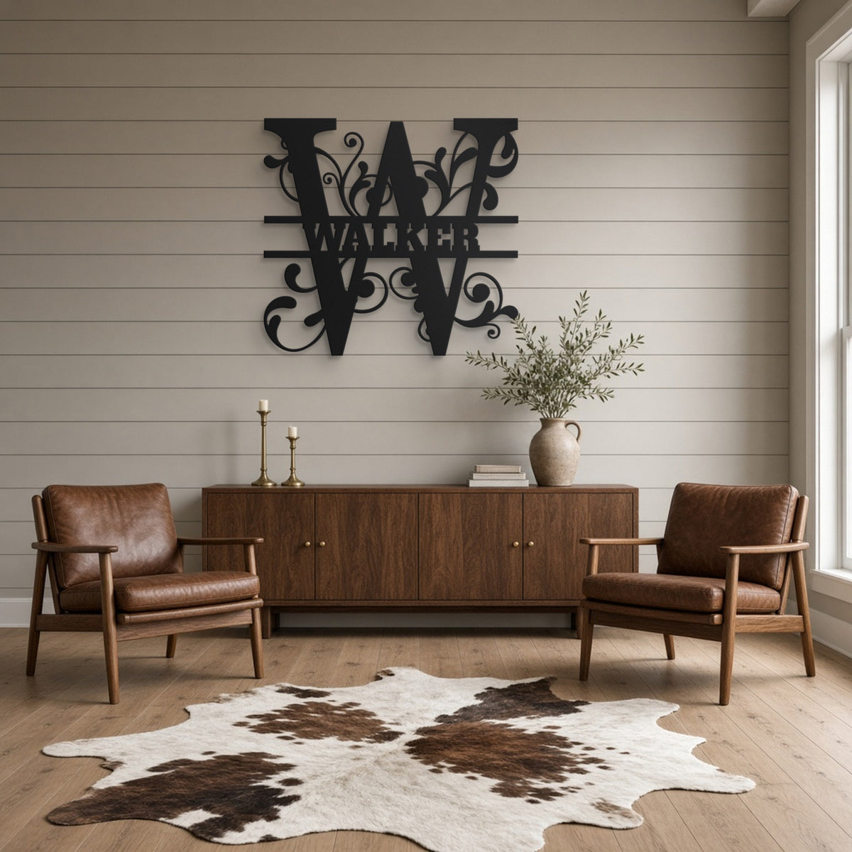 Split Letter Family Monogram Metal Sign (A–Z) in black, shown in a farmhouse living room