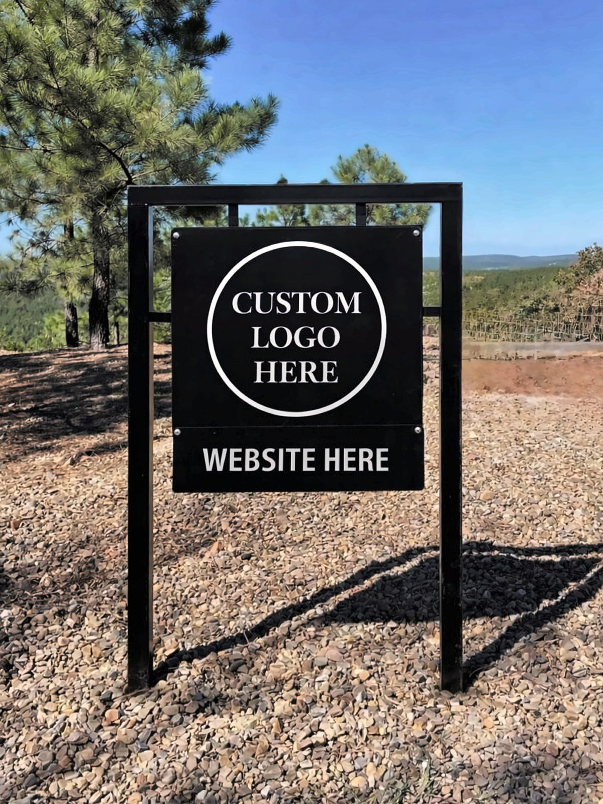 Custom logo cabin road sign in steel frame with website rider, Broken Bow OK