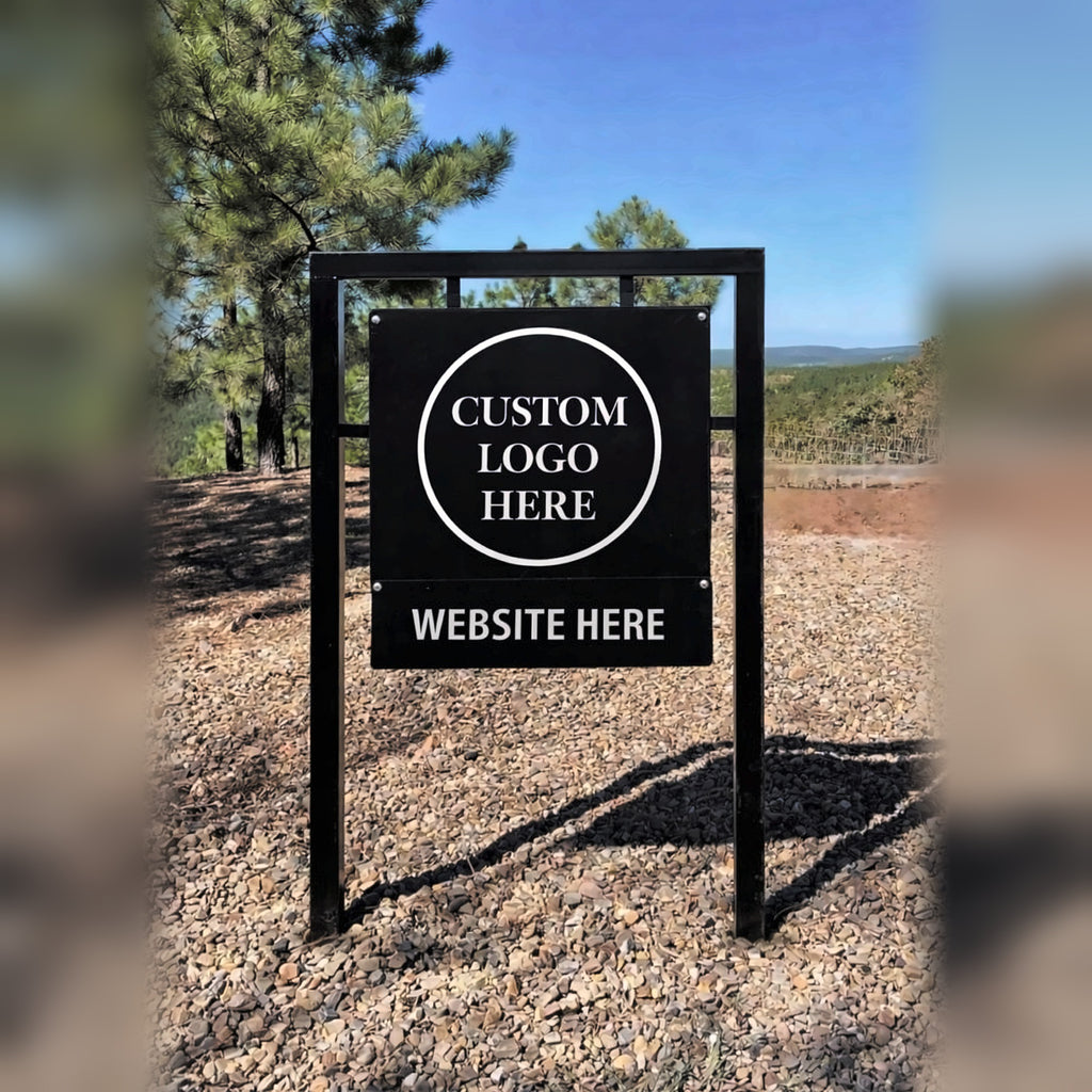 Custom logo cabin road sign in steel frame with website rider, Broken Bow OK