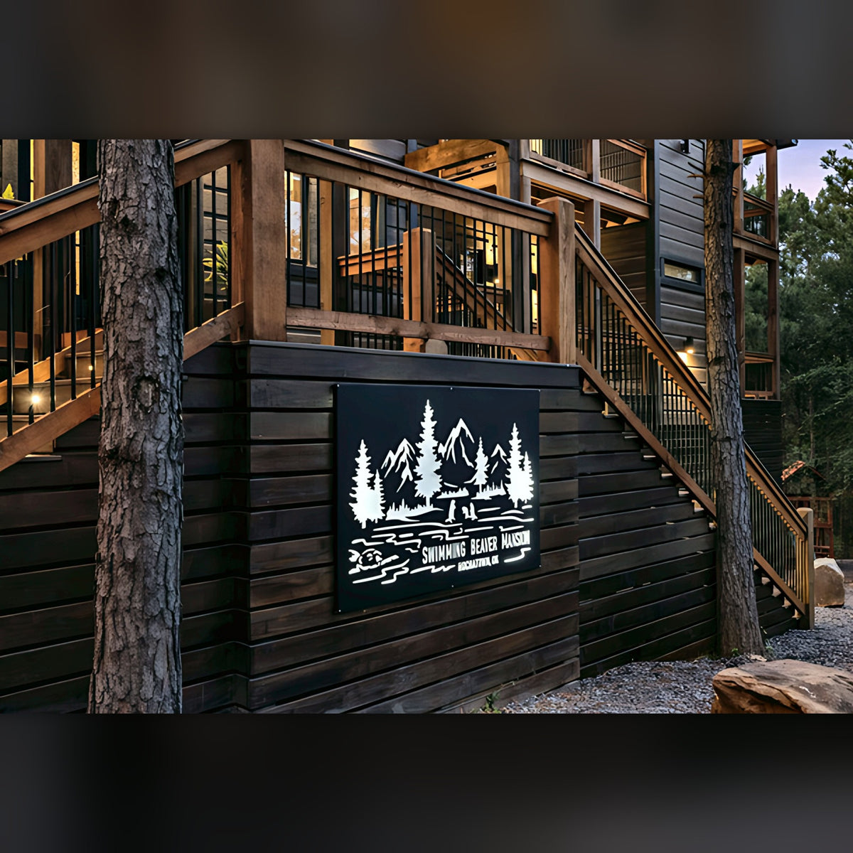 Swimming Beaver Mansion cut-steel cabin sign, Hochatown OK