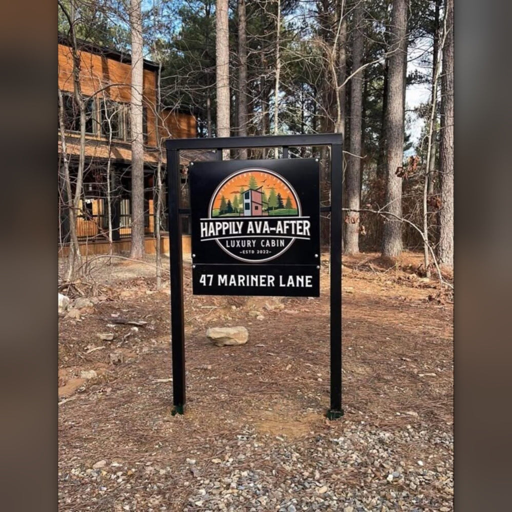 Happily Ava-After 4x3 steel frame cabin road sign with address rider, Broken Bow area