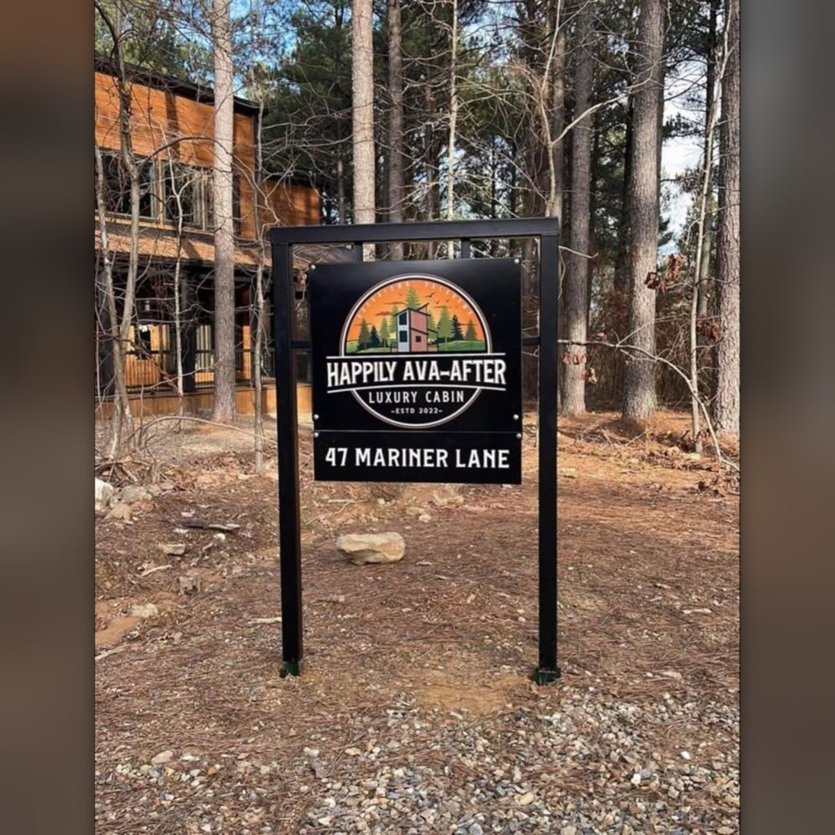 Happily Ava-After 4x3 steel frame cabin road sign with address rider, Broken Bow area
