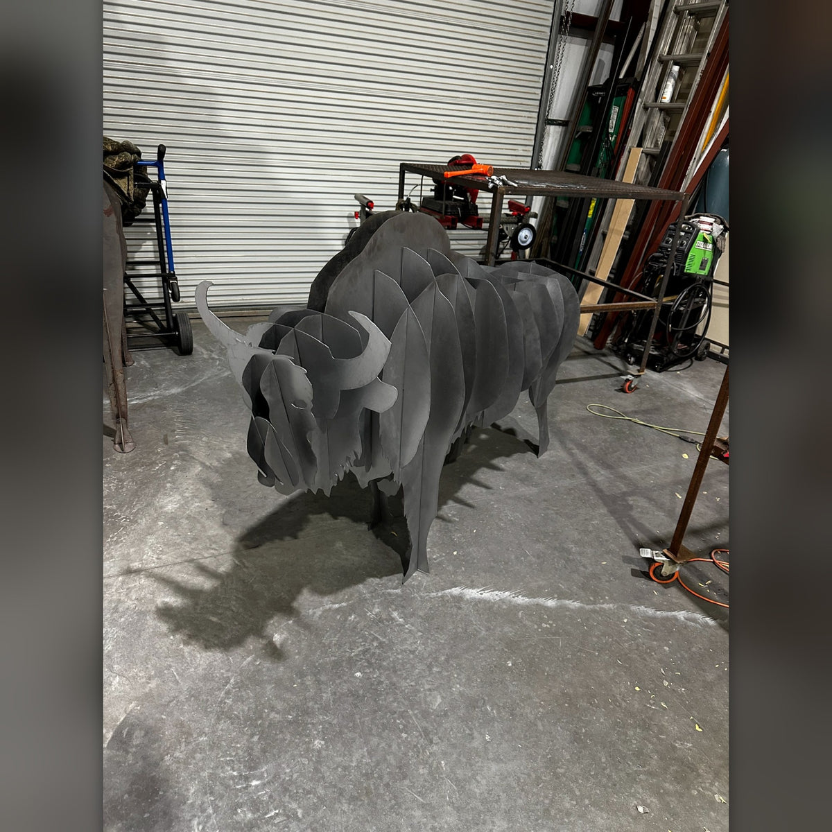 Steel bison sculpture in the American Made Metalworks shop