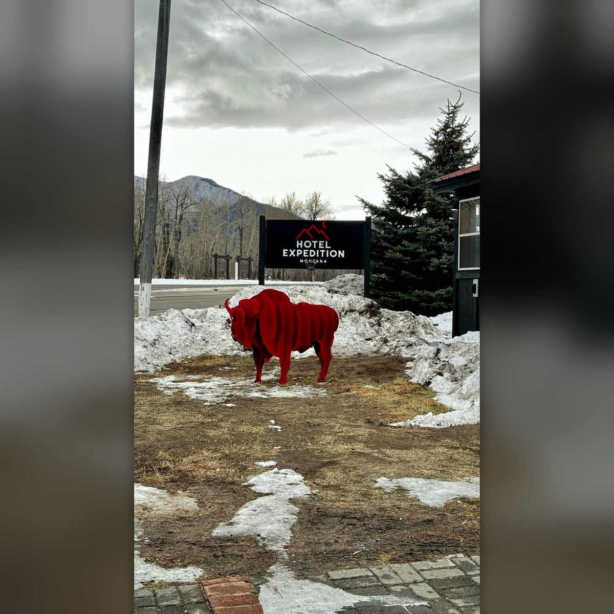 Red powder-coated steel bison sculpture outside Hotel Expedition
