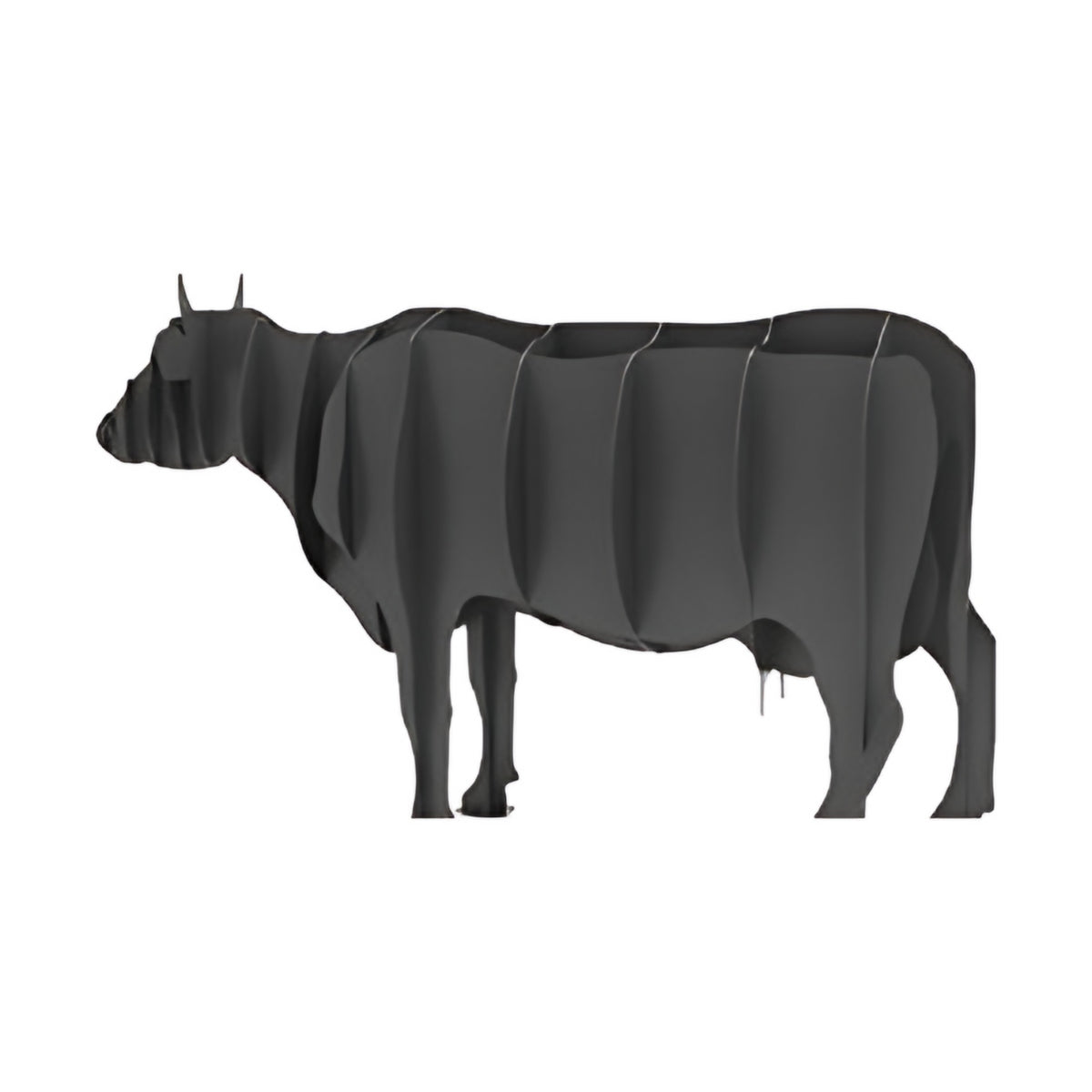 Bull steel sculpture, interlocking laser-cut steel ribs, on white