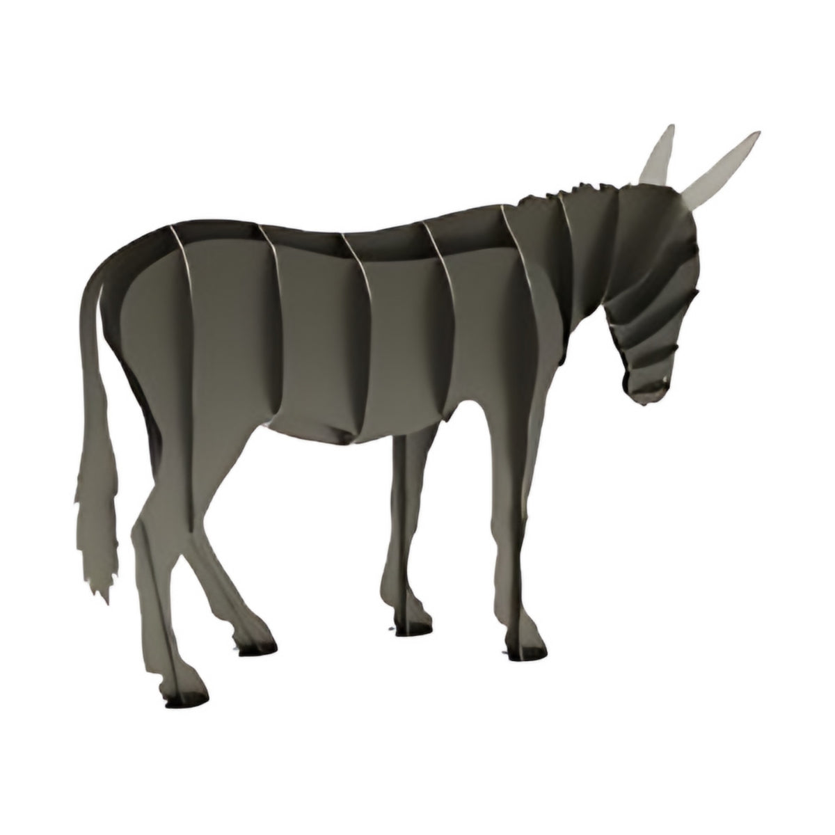 Donkey steel sculpture, interlocking laser-cut steel ribs, on white