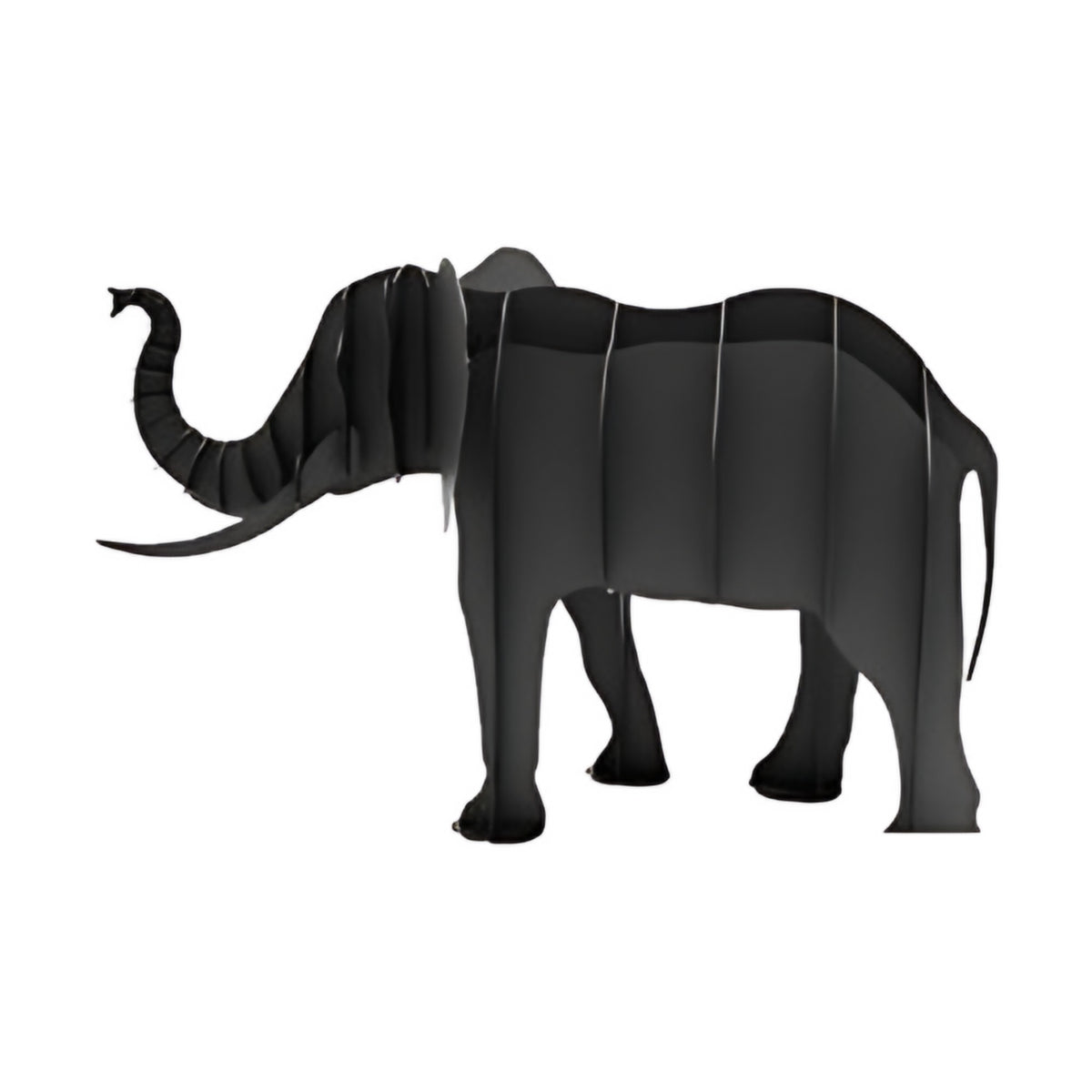 Elephant steel sculpture, interlocking laser-cut steel ribs, on white