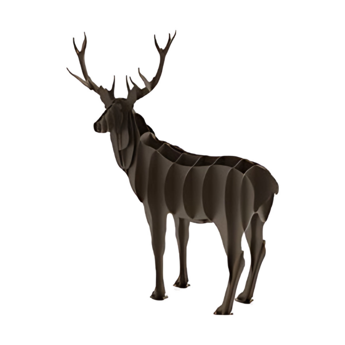 Elk steel sculpture, interlocking laser-cut steel ribs, on white