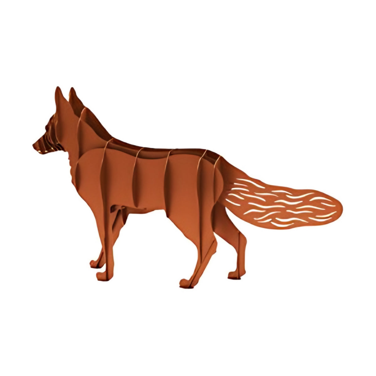 Fox steel sculpture, interlocking laser-cut steel ribs, on white