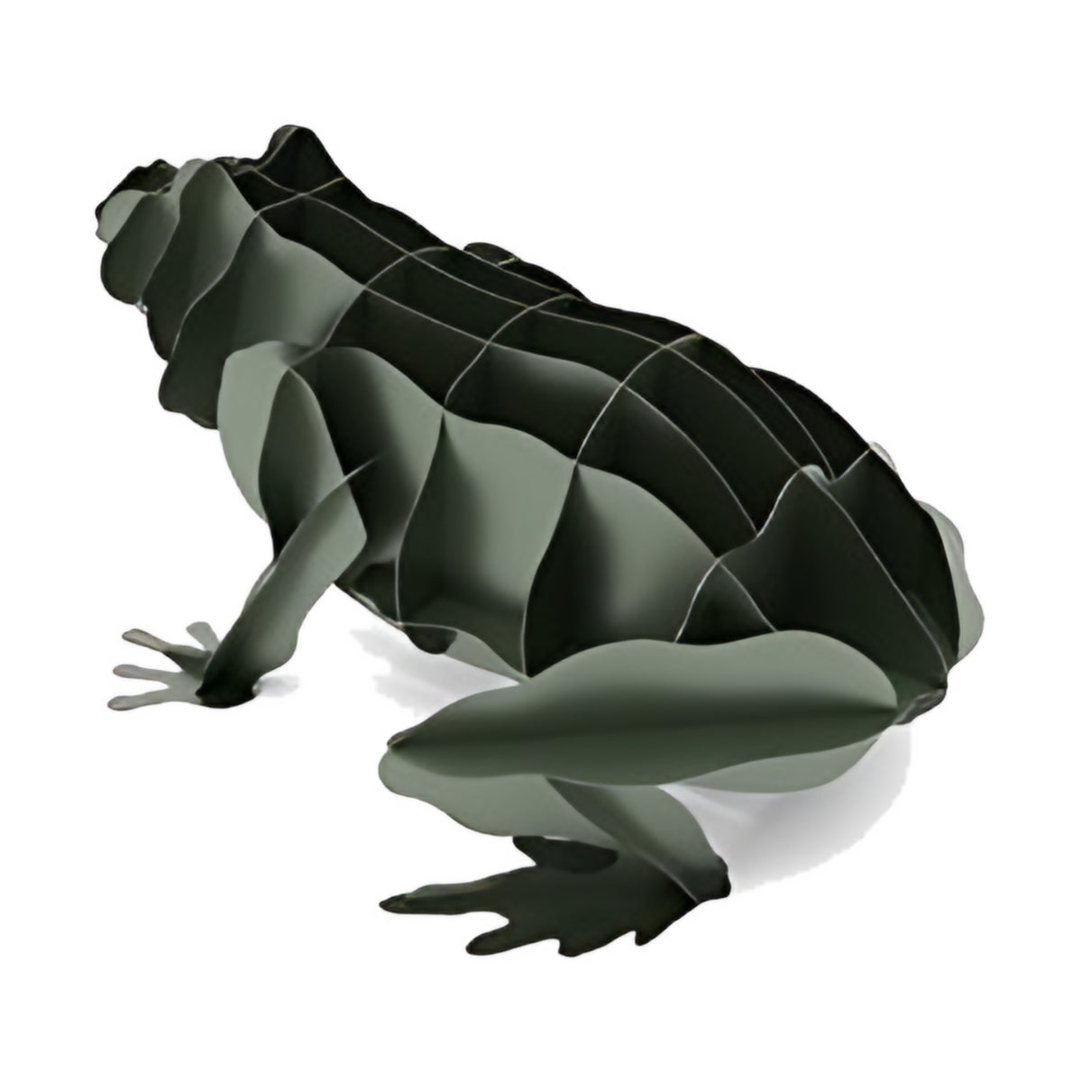 Frog steel sculpture, interlocking laser-cut steel ribs, on white