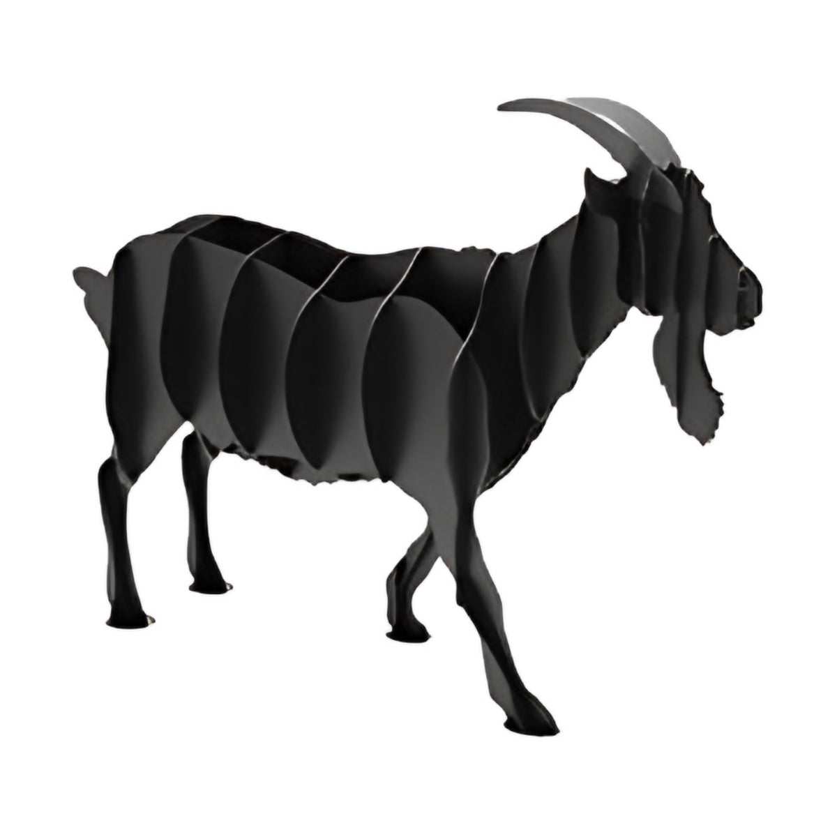 Goat steel sculpture, interlocking laser-cut steel ribs, on white