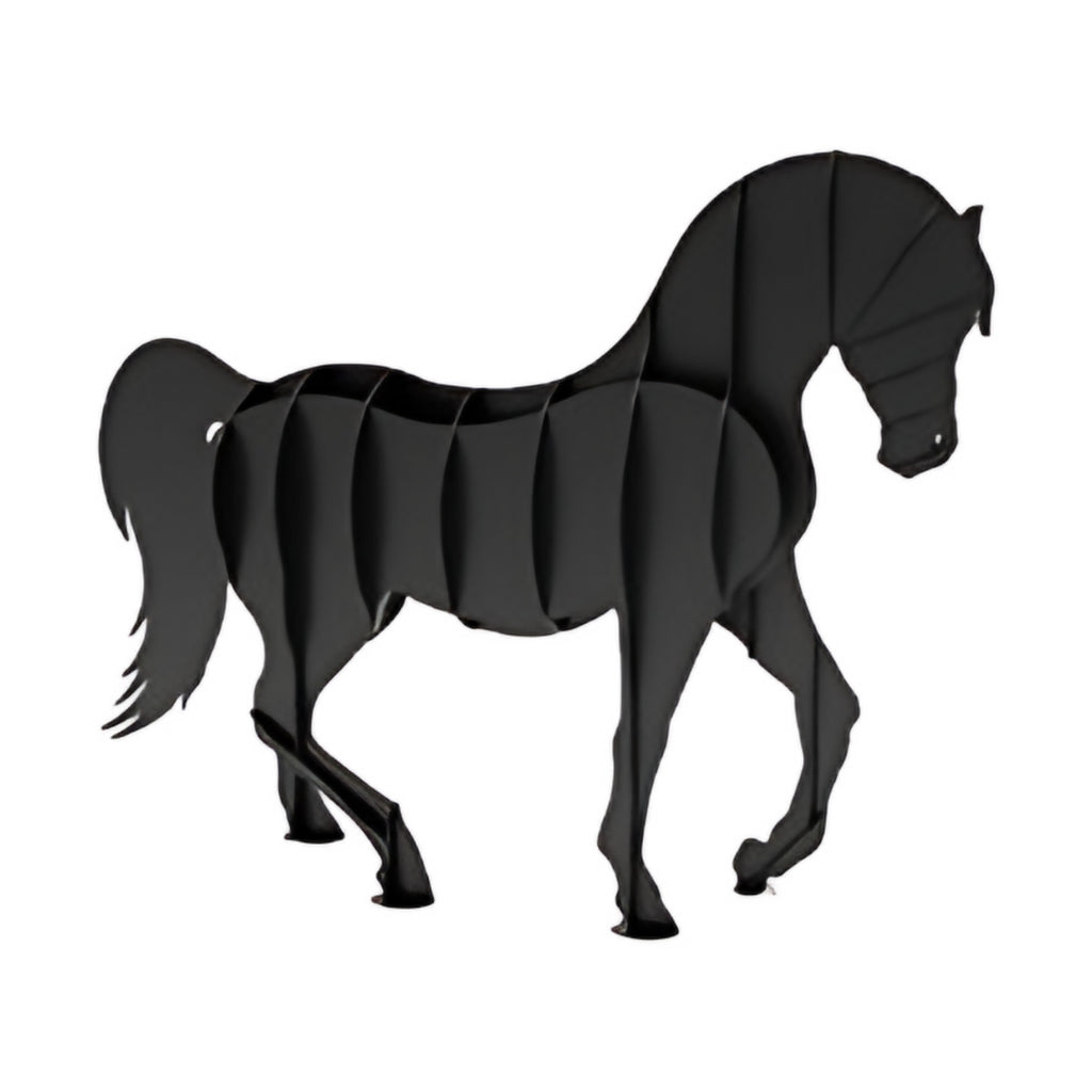 Black steel horse sculpture in mid-stride, interlocking rib design
