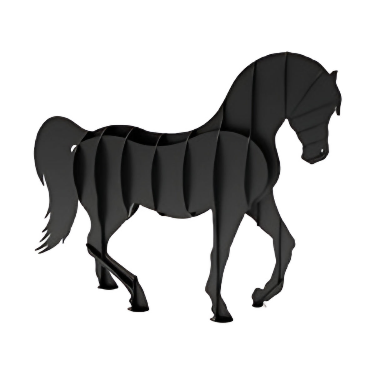 Black steel horse sculpture in mid-stride, interlocking rib design