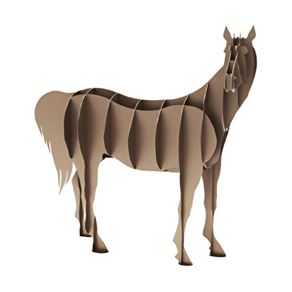 Tan steel horse sculpture standing, interlocking rib design