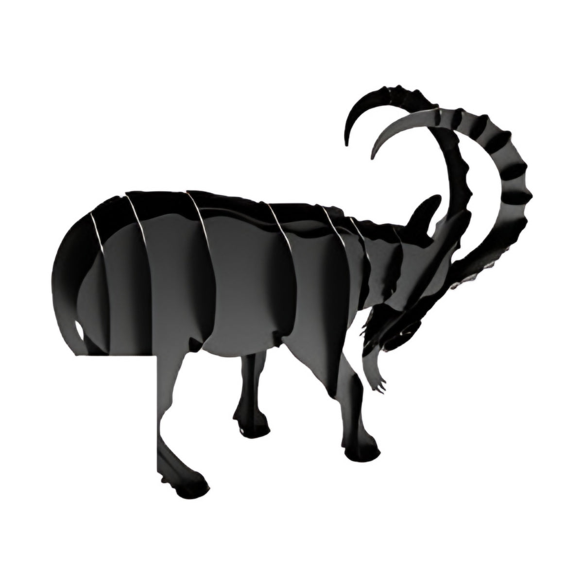 Ibex steel sculpture, interlocking laser-cut steel ribs, on white
