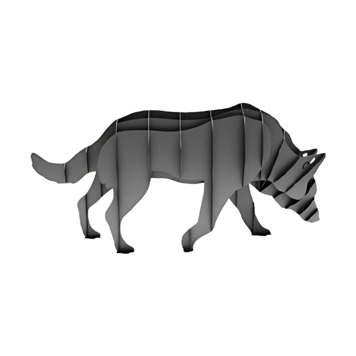 Wolf steel sculpture, interlocking laser-cut steel ribs, on white