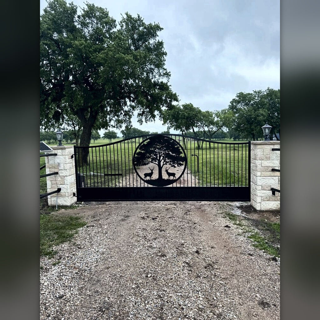 CNC tree emblem on steel driveway gate