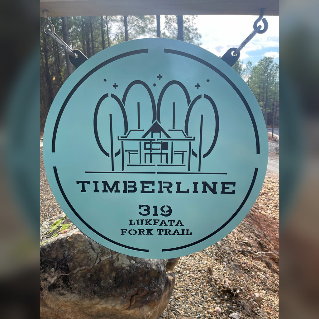 Timberline round cabin name sign panel in teal powder coat, hung from chains (sign only option)
