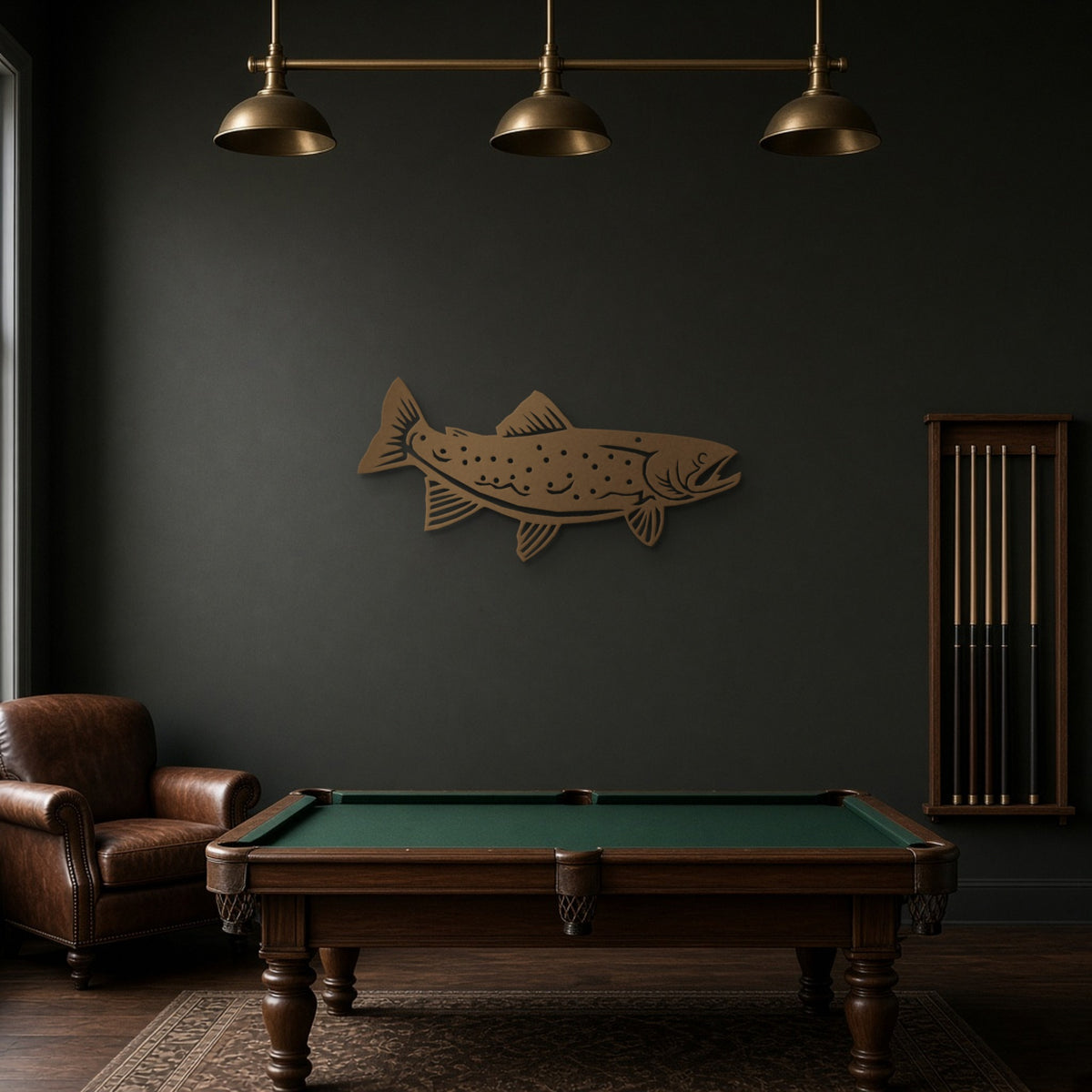 Trout Metal Wall Art in bronze, shown in a game room