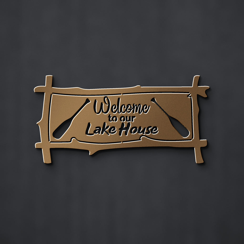 Welcome to Our Lake House Metal Sign with Paddles in bronze powder coat