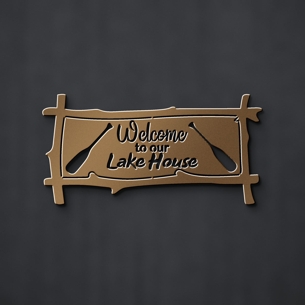 Welcome to Our Lake House Metal Sign with Paddles in bronze powder coat
