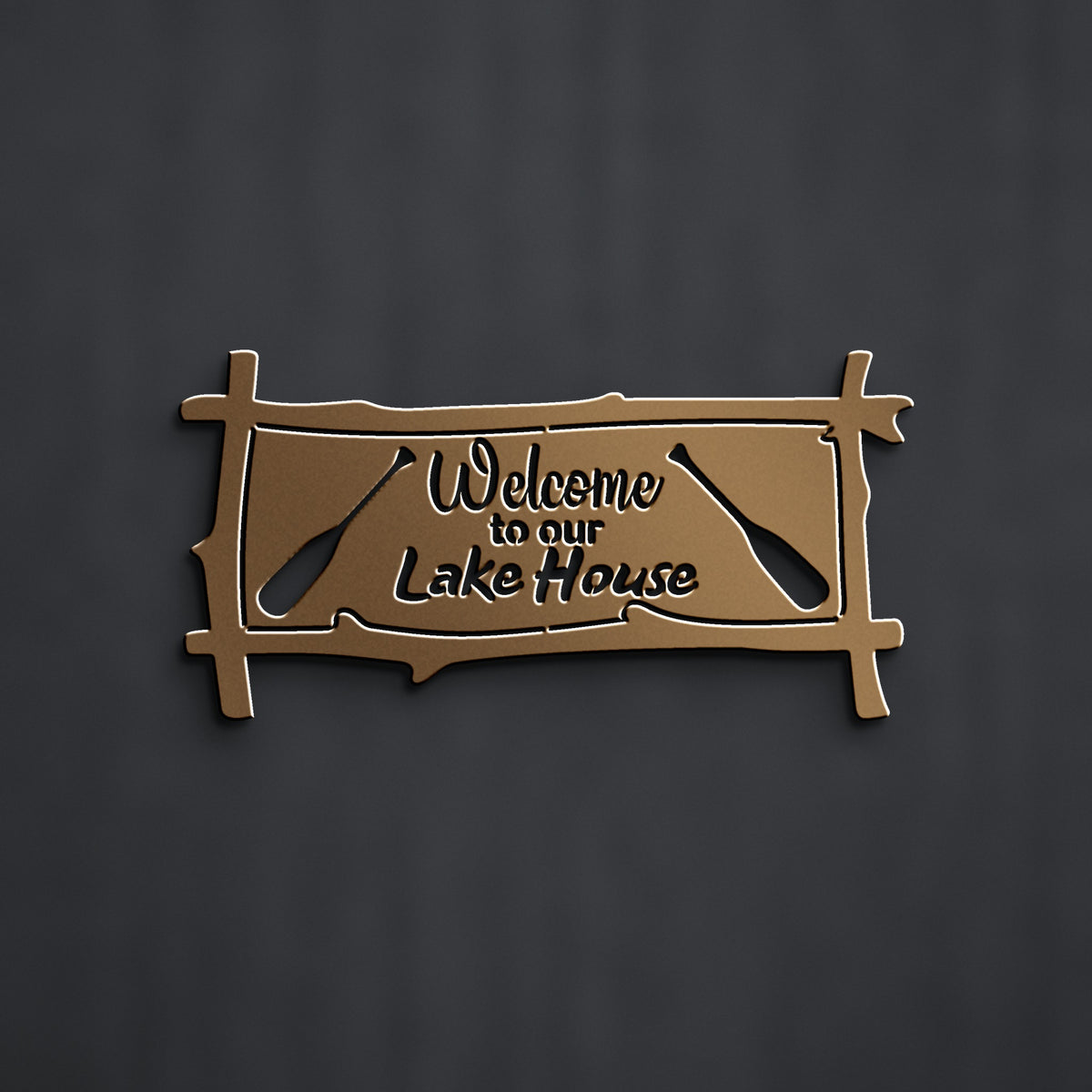 Welcome to Our Lake House Metal Sign with Paddles in bronze powder coat, alternate view